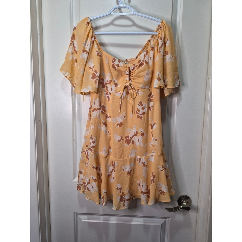 Abercrombie & Fitch Yellow Floral Flutter Sleeve Mini Dress Medium Tie Front - Picture 1 of 8